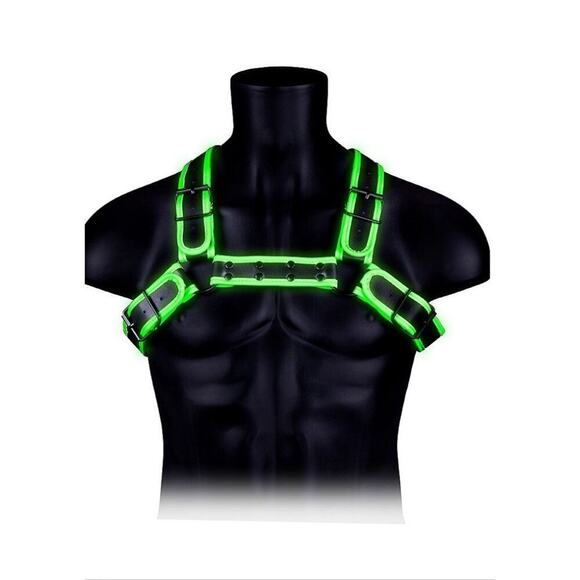 🦋B2G1🦋OUCH Glow In The Dark NEON GREEN Bonded Leather Buckle Bulldog Harness S/M - Picture 1 of 6